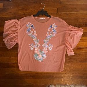 Zara sheer peach top w/ floral detail
